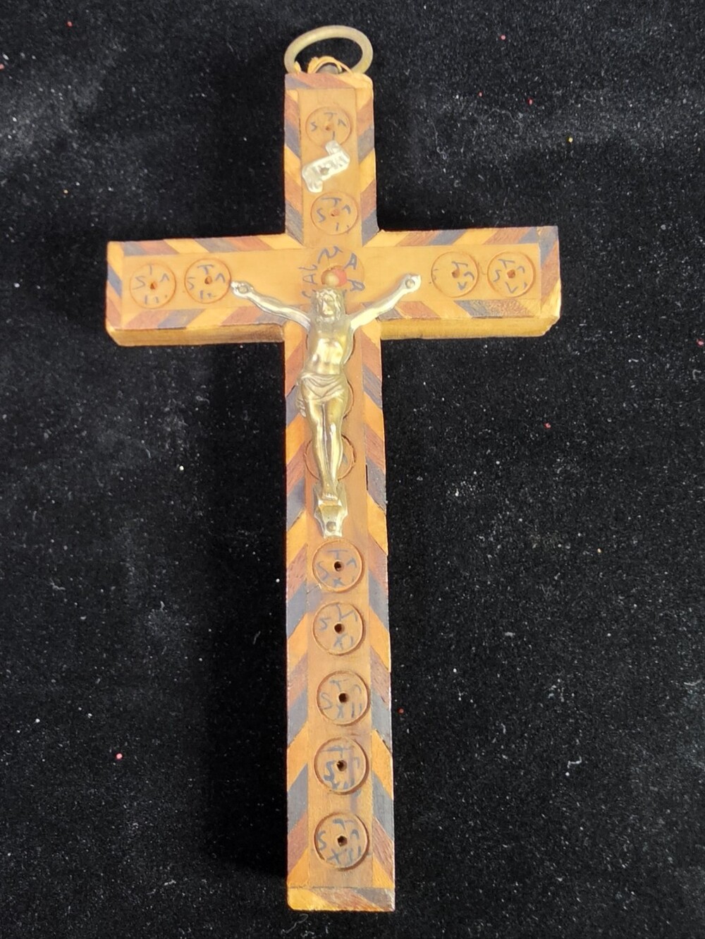 Handcrafted Orange and Brown Wooden Wall Cross with Brass Figure